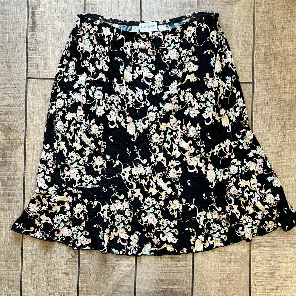 Vintage Y2K Claudia Richard Black Floral Stretch Skirt L Made in USA Micropoly